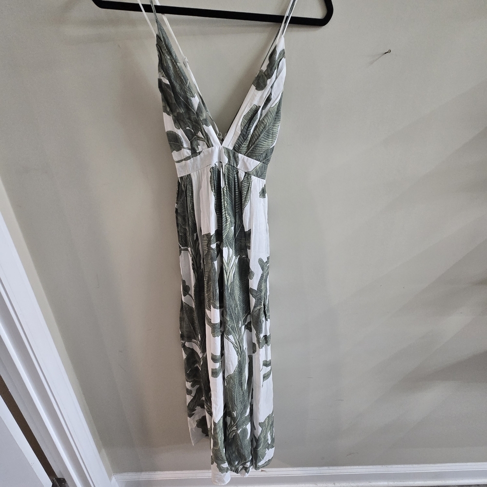 BaeVely Tropical Leaf Print Maxi Dress Spaghetti Strap Empire Waist Small